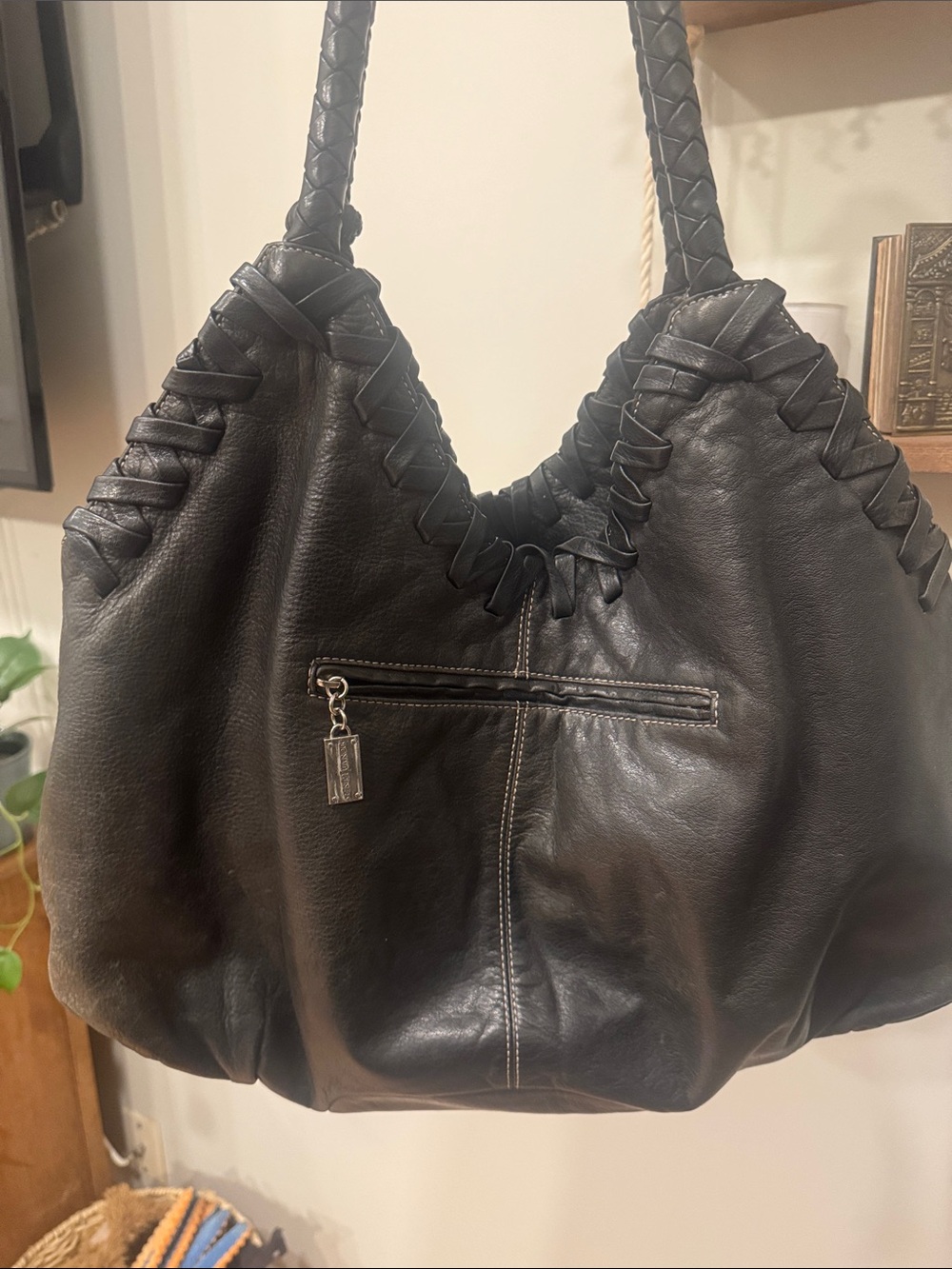 Donald J. Pliner Black Leather Braided-Trim Shoulder Hobo